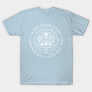 King Charles III Official Coronation Emblem white on dark blue T-Shirt